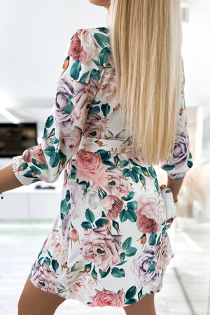 Biała kopertowa sukienka damska w kolorowe kwiaty FRANCE ELEGANT