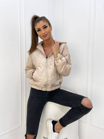 Beżowa pikowana kurtka damska z kapturem i kieszeniami LIVI BEIGE