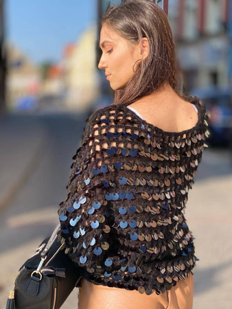 Czarny, sweter OVER SIZE la FEMME PREMIUM, zdobiony czarnymi błyskami.