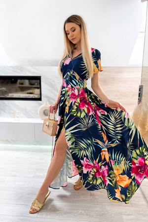 Granatowa długa sukienka damska w kolorowy tropikalny wzór RAMONA