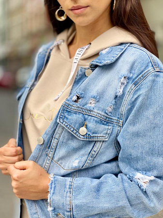 Kurtka,długa katana, niebieska JEANS MISS zdobiona przetarciami