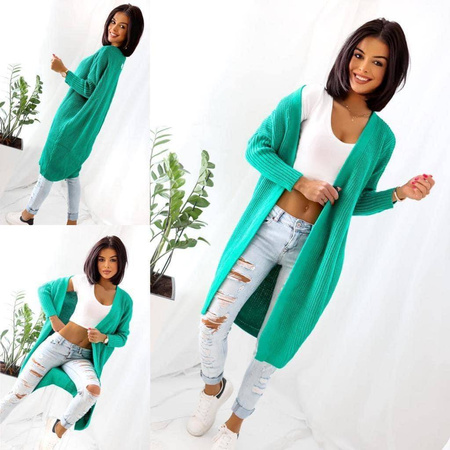 Zielony długi kardigan damski z grubym splotem i ściągaczami przy rękawach STAY HERE GREEN