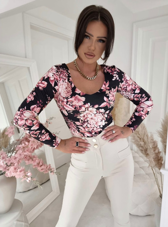 Czrna elastyczna dopasowana bluzka damska w różowe kwiaty VENEZIA