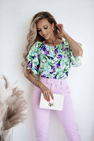 Zielono-fioletowa bluzka damska hiszpanka z falbanami BERRY DREAMS