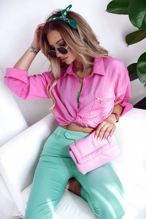 Różowa lniana koszula damska z zamkiem na kieszeni OREGON