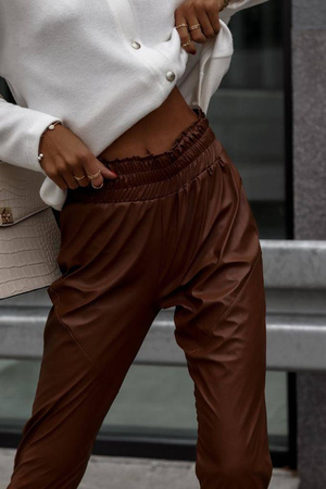 Brązowe długie spodnie damskie z imitacji skóry z ozdobnymi przeszyciami i ściągaczami przy nogawkach ELLA