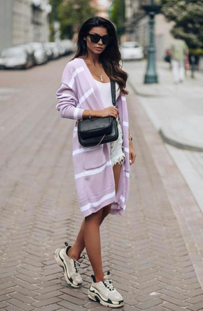 Różowy kardigan, długi sweter ROSE w pasy.