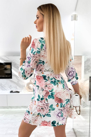 Biała kopertowa sukienka damska w kolorowe kwiaty FRANCE ELEGANT