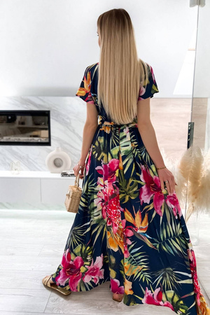 Granatowa długa sukienka damska w kolorowy tropikalny wzór RAMONA