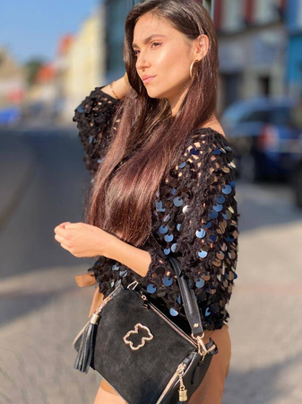 Czarny, sweter OVER SIZE la FEMME PREMIUM, zdobiony czarnymi błyskami.