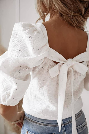 Biała, ażurowa bluzka damska z wiązaniem z tyłu KATE