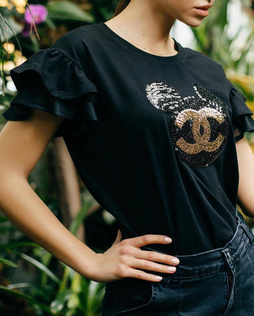 Czarna koszulka z motywem myszki miki wypełnionej cekinami, rękaw zakończony siateczką, black