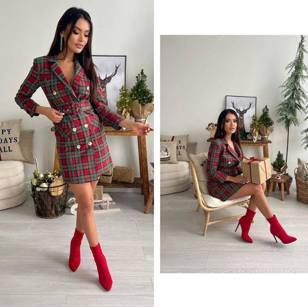 Czerwono-zielona żakietowa sukienka w kratkę damska EDAN ELEGANCE.