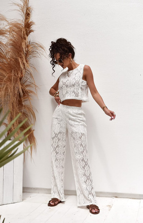 Biały ażurowy komplet damski bluzka i spodnie XANA HOLIDAY