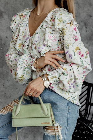 Biała bluzka damska w drobne kwiaty z falbaną z przodu i wiązaniem na plecach NICOLE