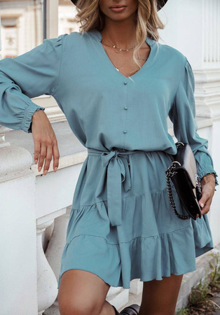 Niebieska sukienka damska z wiązaniem w talii, ozdobnymi guzikami i falbanką SAMMY