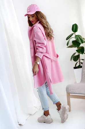 Różowy płaszcz damski z wiązaniem w talii XANA CANDY