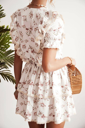 Biała sukienka z krótkim rękawem damska w delikatne wzory z falbanką LUCY