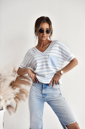 Biało niebieski wełniany sweter damski z krótkim rękawem MISS