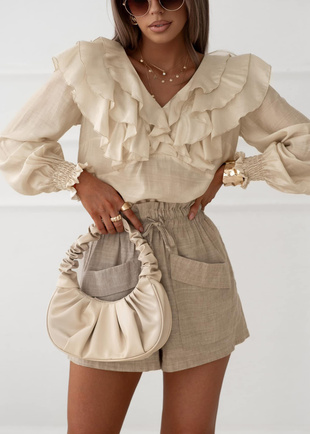 Beżowa  bluzka damska  z ozdobną falbaną CRYSTAL