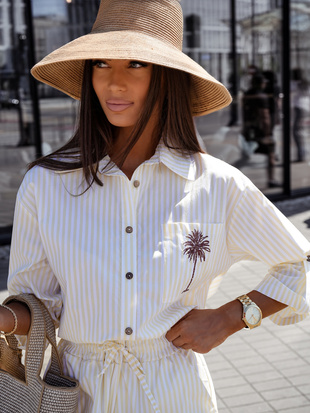 ECRU komplet damski w żółte  paski  koszula i spodenki XANA FASHION