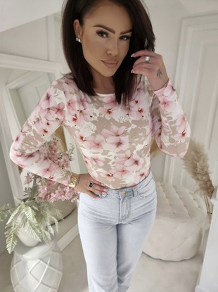  Pudrowo-różowa elastyczna dopasowana bluzka damska w kwiatowy print LEJDIi