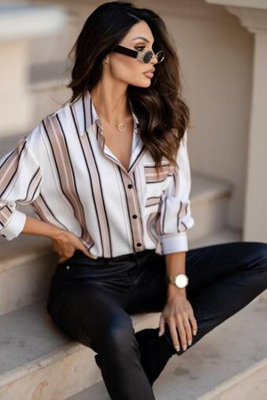 Biało-beżowa  koszula damska oversize w paski SOFIE 