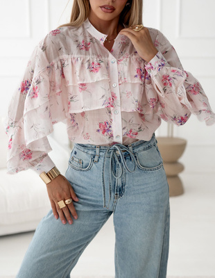 Pudrowo różowa bluzka damska z ozdobna falbana  ROMA 