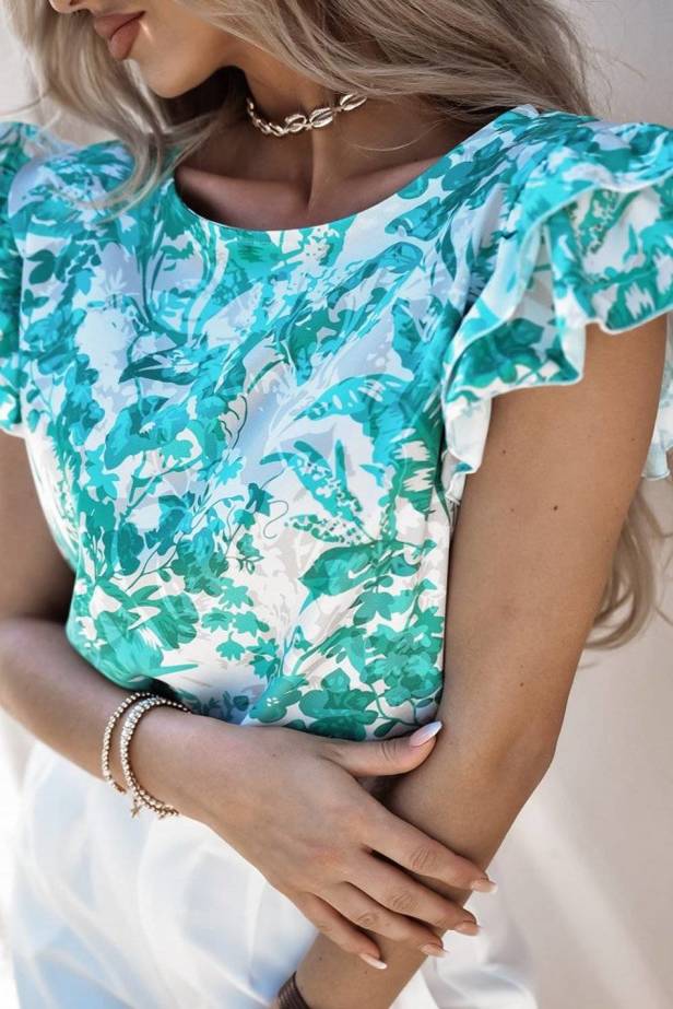 Beżowa bluzka damska w zielone kwiatowe wzory XANA SARAH