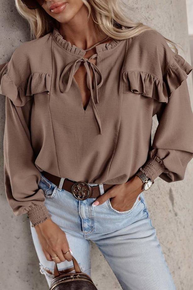 Brązowa bluzka damska wiązana pod szyją z falbanami XANA PRINCESS