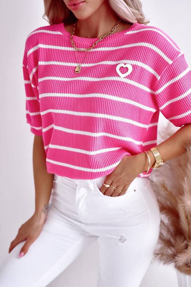 Różowy wełniany sweter damski w paski z krótkim rękawem HEART PINK 